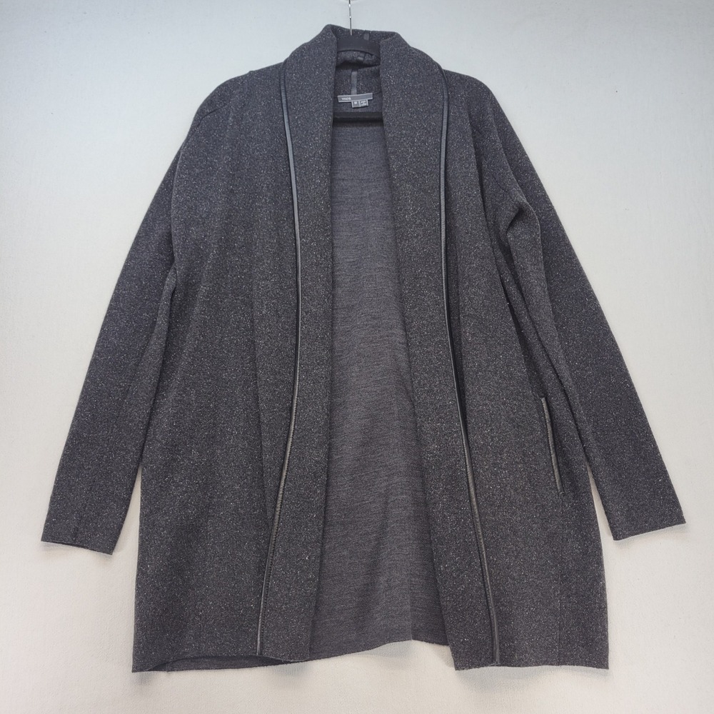 Vince Cardigan Coat Womens Medium Gray Leather Trim Open Front Shawl Collar Knit